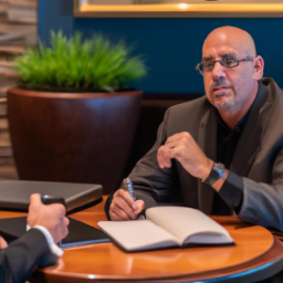 A business professional actively listening to a client during a meeting.