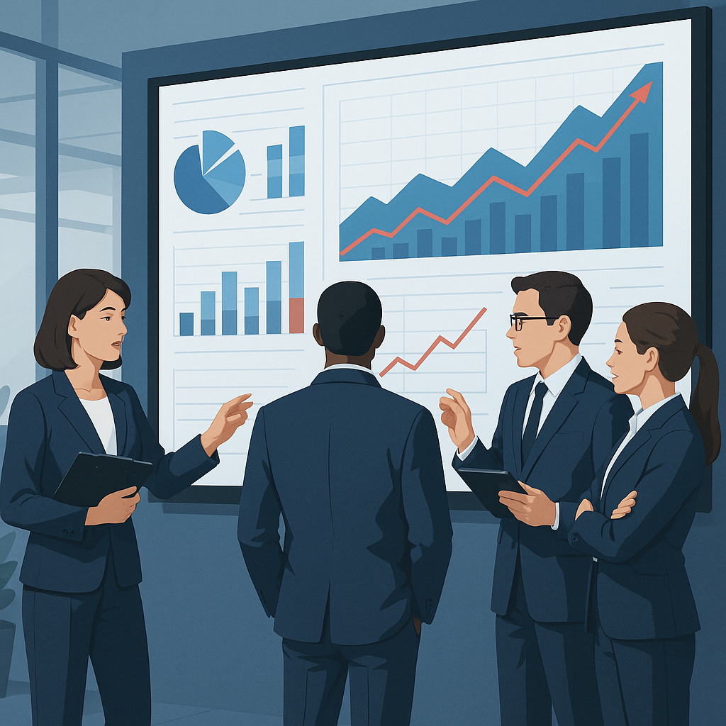 A business team analyzing marketing data on a large screen.