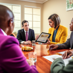 A businessperson using a tablet to present a digital proposal to a group of colleagues in a modern office setting.