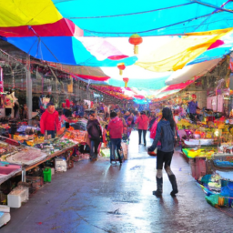 A bustling market scene in Chunian with vendors selling local goods.