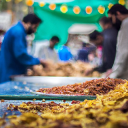A bustling Pakistani street food market with vendors preparing a variety of colorful and aromatic dishes.