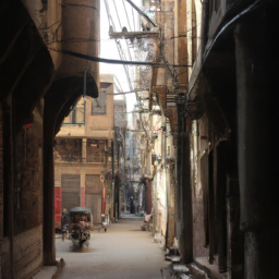 A bustling street in the Walled City of Lahore, showcasing traditional architecture and lively markets.