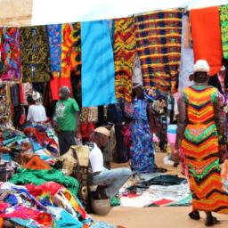A bustling street market in Lahore, filled with colorful fabrics and traditional crafts.