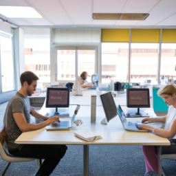 A busy office environment with employees using various digital devices to manage their tasks.