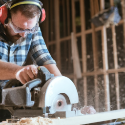 A carpenter using a circular saw to cut a wooden beam with precision.