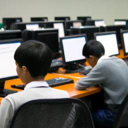 A classroom setting with students learning graphic design software.