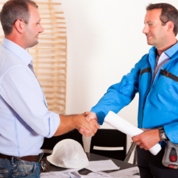 A client and contractor shaking hands after finalizing a contract.