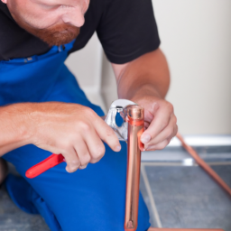 A close-up of a plumber using a pipe cutter on a copper pipe.