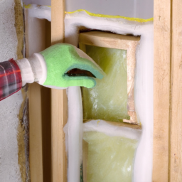 A close-up of fiberglass insulation being installed between wall studs.