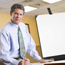 A confident professional presenting a project after completing a short course.