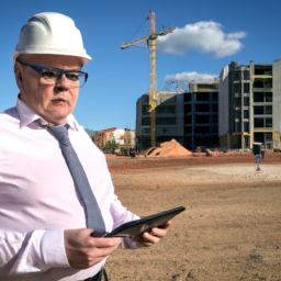A construction manager reviewing blueprints on a tablet, with a busy construction site in the background.