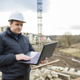 A construction manager using a laptop on-site to track project progress.
