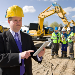 A construction manager using a tablet to access CRM software on-site.