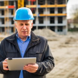 A construction manager using a tablet to check project progress on site.