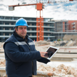 A construction manager using a tablet to communicate with workers on site.
