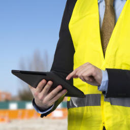 A construction manager using a tablet to manage project tasks on the jobsite.