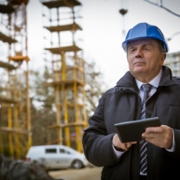 A construction manager using a tablet to oversee a building site.
