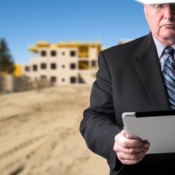 A construction manager using contractor software on a tablet at a building site.