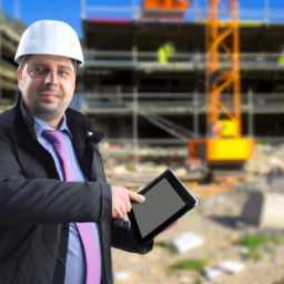 A construction manager using software on a tablet at a construction site.