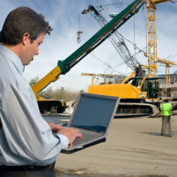 A construction project manager reviewing CRM dashboards on a laptop.