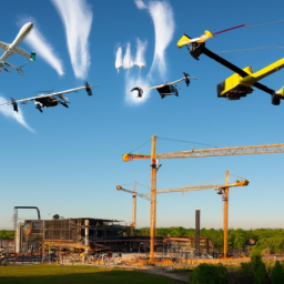 A construction site with drones flying overhead, collecting data.