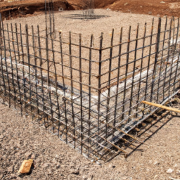 A construction site with visible foundation work, including rebar and concrete forms.
