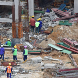 A construction site with workers and materials.