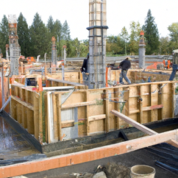 A construction site with workers building a custom home, showcasing the foundation and framework.