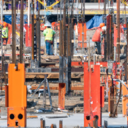 A construction site with workers efficiently allocating resources and materials.