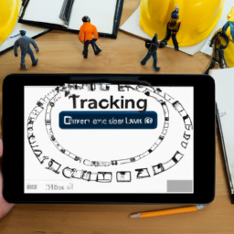 A construction team discussing a project while referring to call tracking data on a tablet.