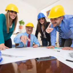 A construction team holding a meeting on-site, reviewing project plans and schedules.
