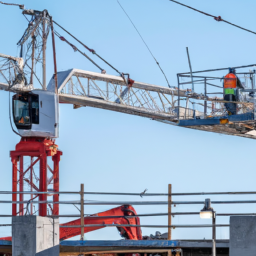 A construction worker operating a crane on a busy site.