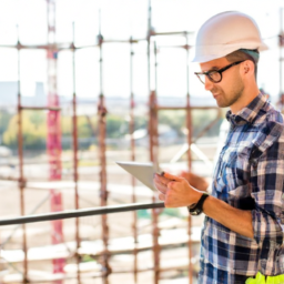 A construction worker using a tablet to update project details on-site.