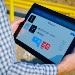 A contractor using a CRM dashboard on a tablet at a construction site.