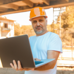 A contractor using a laptop to conduct a VoIP video conference with team members.