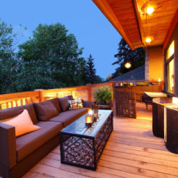 A cozy deck with ambient lighting and comfortable outdoor furniture.