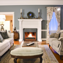 A cozy living room with a fireplace and comfortable seating.
