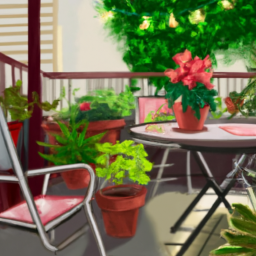 A cozy outdoor patio with string lights and comfortable seating.