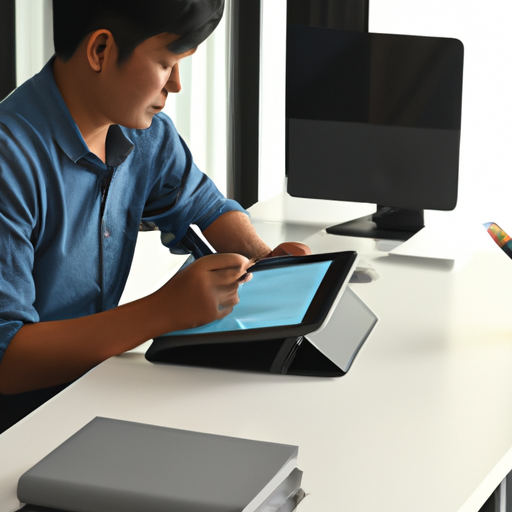 A designer working on a digital illustration using a tablet and stylus.