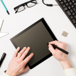 A designer working on a digital tablet, sketching a logo concept.