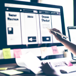 A designer working on a responsive web design layout on a large monitor.