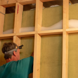 A detailed view of fiberglass insulation being installed in a mechanical room.