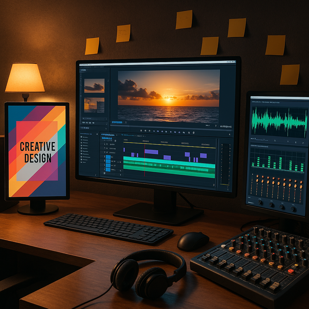 A digital artist working on a multimedia project, surrounded by screens displaying various media types.