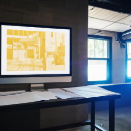 A digital blueprint displayed on a large screen in a construction office.