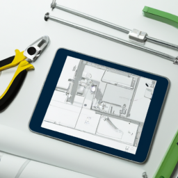 A digital blueprint displayed on a tablet with construction tools around.
