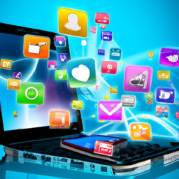 A digital communication scenario with multiple devices and social media icons.