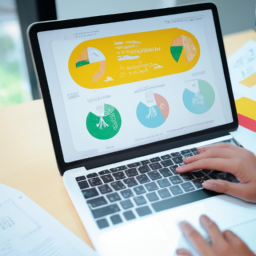 A digital marketer analyzing brand metrics on a laptop.