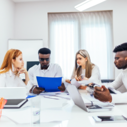 A diverse group of people engaged in a team meeting, illustrating various communication styles.