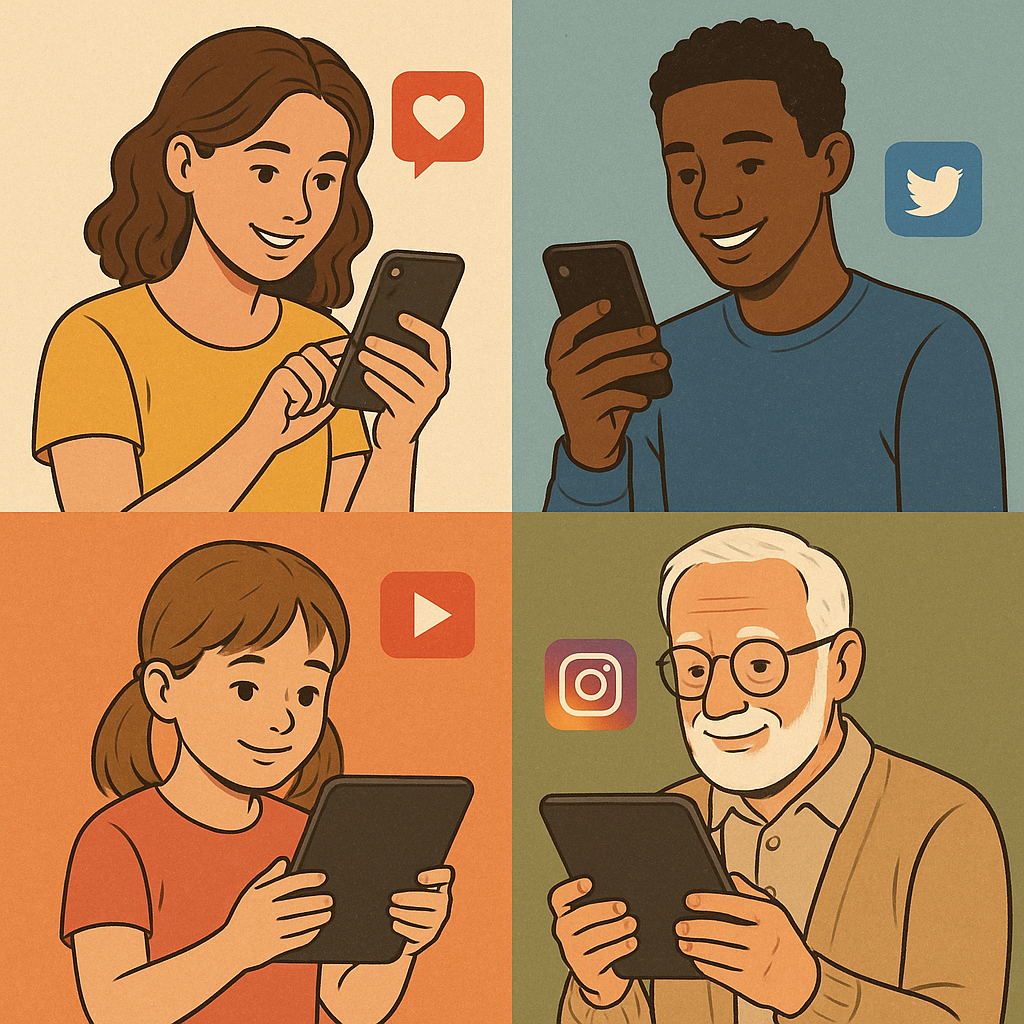 A diverse group of people using various social media platforms on their devices.