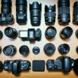 A diverse range of photography and videography equipment laid out on a table.